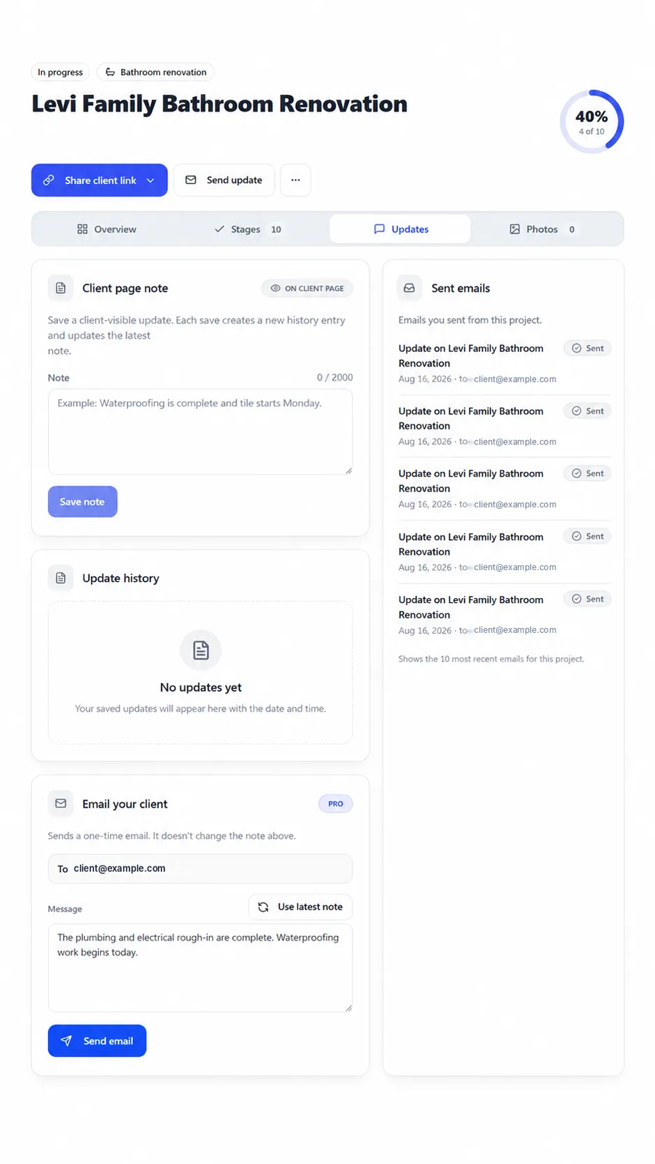 Updates tab with the client page note and Email your client