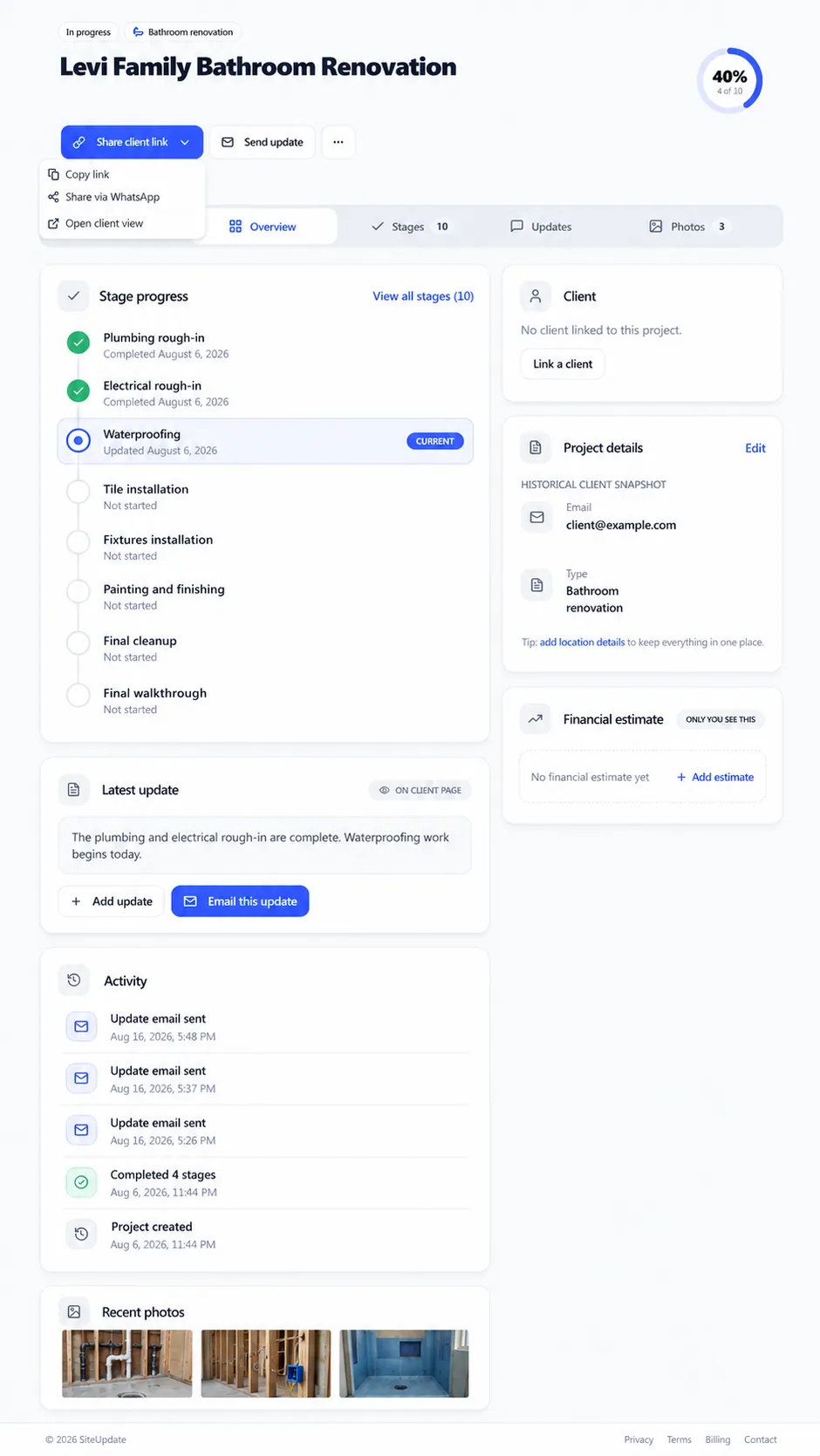 Project page with the Share client link menu open